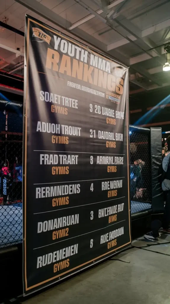 Display case of MMA and running trophies and medals, showcasing a variety of awards with colorful ribbons in a gym setting.