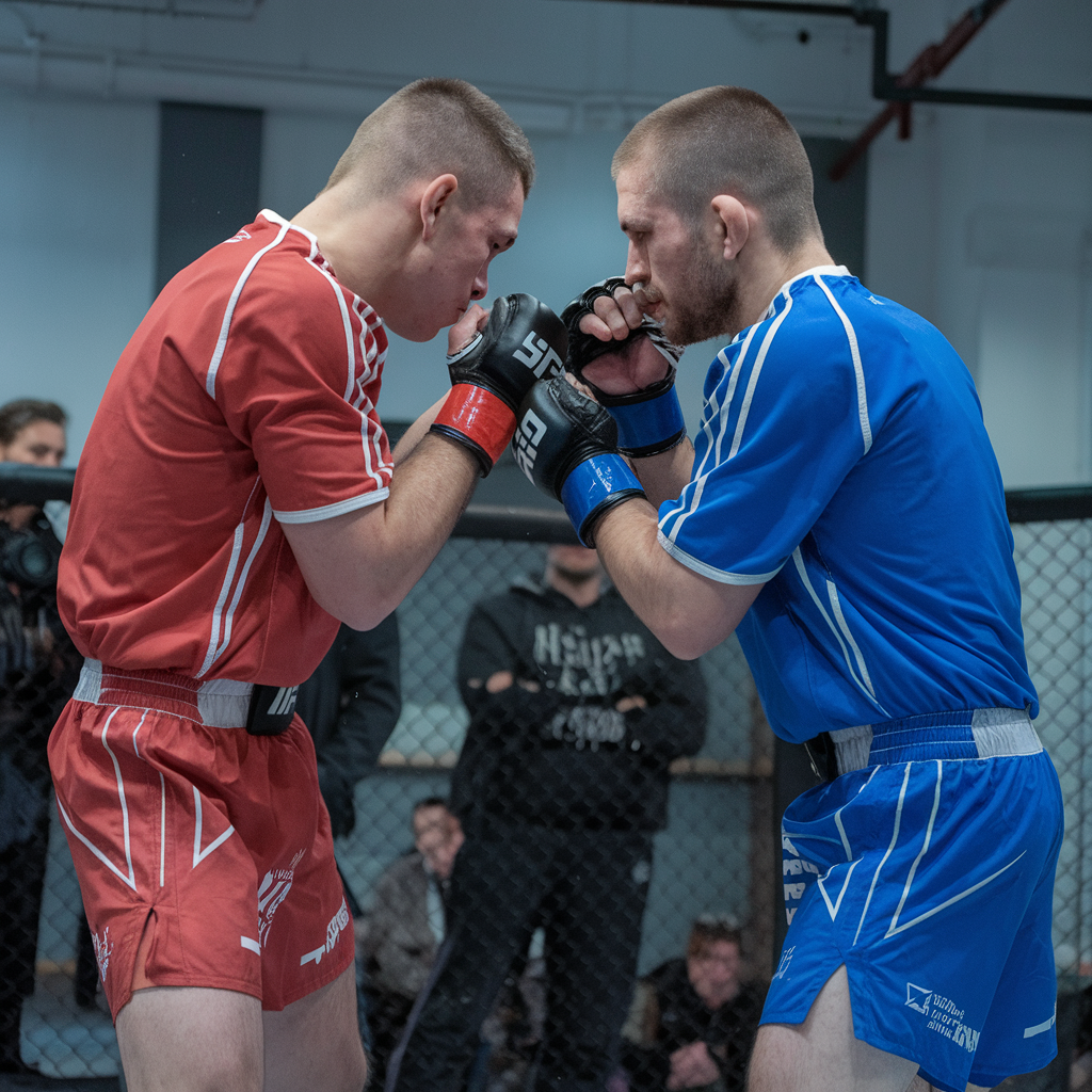 Two amateur MMA fighters in red and blue uniforms facing off in a cage, with spectators watching in the background.