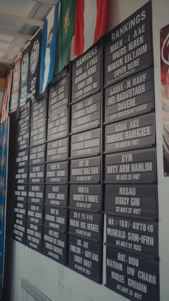 Ranking boards with names and rankings in a gym, accompanied by flags hanging above the boards.