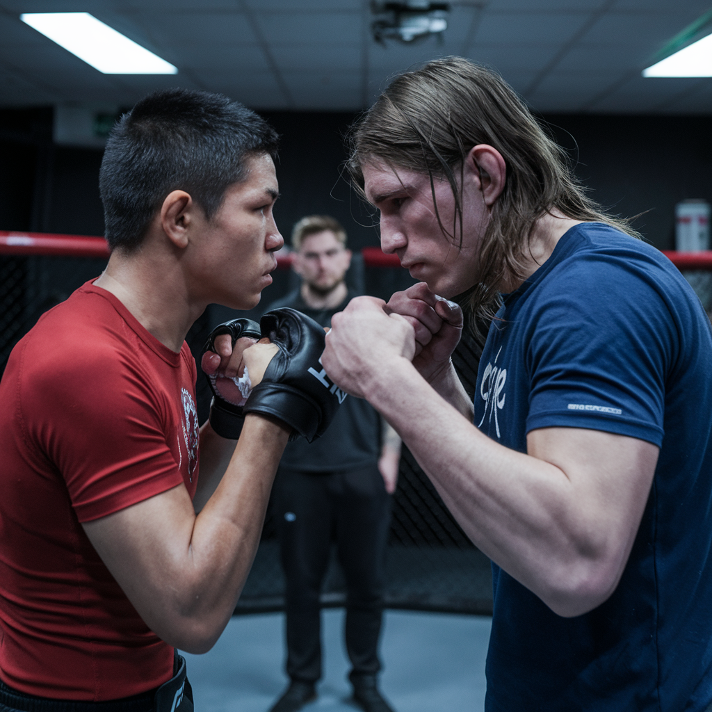 Two MMA fighters facing off in a gym during a staredown, with a referee in the background.